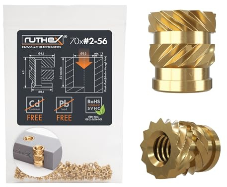 ruthex Gewindeeinsatz #2-56 UNC - 70 Stk. RX-2-56x4 BLEIFREIE Gewindebuchse aus Messing - stabile Einschmelzgewinde/Einpressmutter - Einschmelzen von Gewindehülse in 3D-Druck-Teile aus Kunststoff