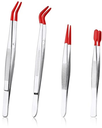 4 Stück Tweezers Rubber Tip, Edelstahl Pinzettenwerkzeuge Inklusive Gerader Spitze Flacher Spitze Langer Gebogener Pinzette für Kunsthandwerk Schmuckherstellung Labor (Rot)