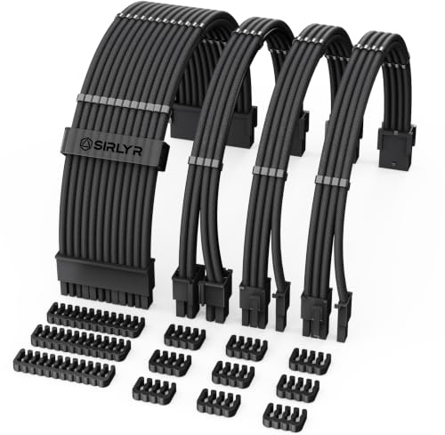 SIRLYR PSU Kabelverlängerung Kit 16AWG – 24Pin ATX, 8Pin EPS, 2x 8Pin PCIE (vergoldet), Dual Cable Combs, vorgebogen & sleeved | PC Kabel Extension Set, Netzteil Kabel Set