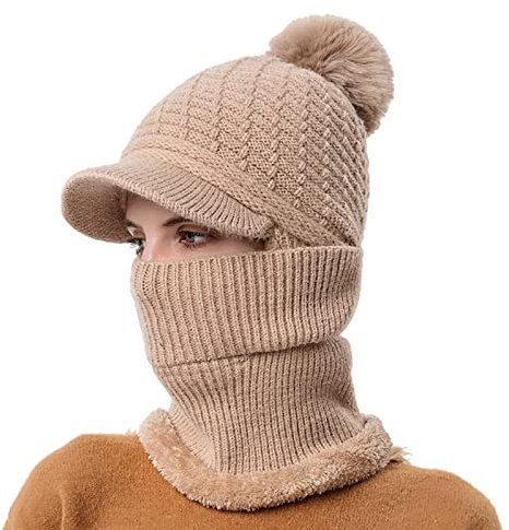 Dinnesis Frauen Winddichte Schalmütze Winter warme Schalmütze Set weiche gestrickte Plüschmütze Winterhaube Jungen (ZC-Khaki, One Size)