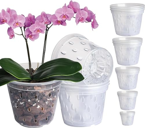 GOTVUGE Variedad de macetas de orquídeas, 12 paquetes (4.3 pulgadas, 5 x 3, 5.6 pulgadas, 6 pulgadas, 6.8 pulgadas x 2), macetas transparentes para orquídeas con agujeros para trasplantar, macetas