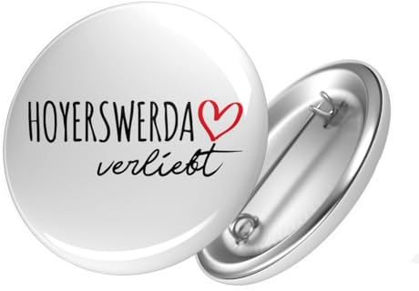 Huuraa Button Hoyerswerda verliebt Ansteck Pin Größe 59mm mit Namen deiner Lieblingsstadt in Sachsen Geschenk Idee für Freunde und Familie