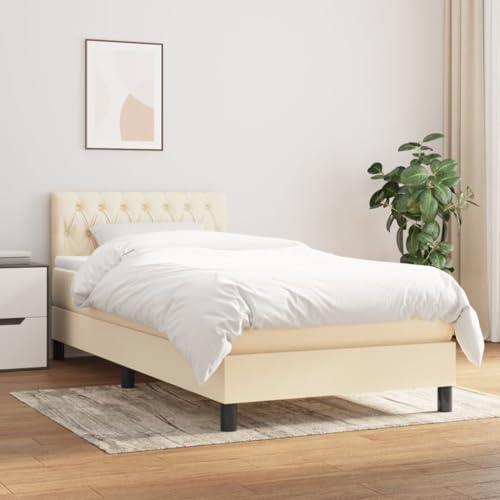 ZQQLVOO Bed Frame Lattenrost Palettenbett Bodenbett Boxspringbett mit Matratze Creme 90x190 cm Stoff