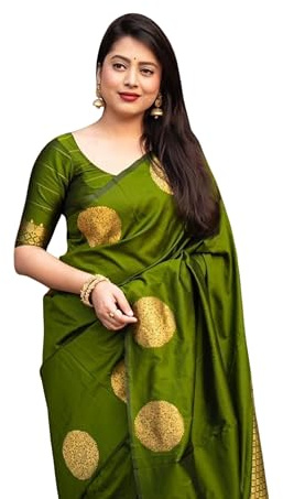 C J Enterprise Women's Pure Banarasi Silk Saree Kanjivaram Style Saree With Blouse Piece For Wedding (KeriGola), Mehendi, One Size