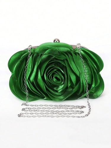 YUEZHAN Bolso De Noche Bolso De Noche con Flores para Novia Pequeño Bolso De Mano para Fiesta Boda Cartera con Cadena Floral para Mujer Color Verde Oscuro