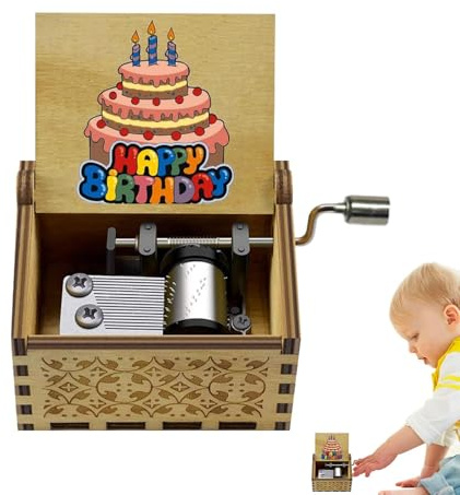 Carillon in legno intagliato a manovella, con scritta Happy Birthday, carillon vintage inciso a mano, per compleanno dei bambini