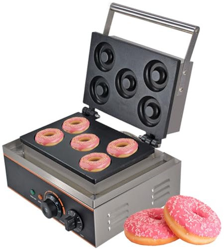QUTBAG Macchina per Ciambelle elettrica a 5 Fori, Macchina per Ciambelle Commerciale da 1550 W con Controllo della Temperatura e Timer da 50-300 ℃, Macchina per panini per Colazione per panetteria