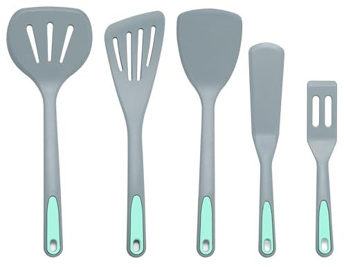 To encounter 5 Stück Silikon Spatel Set, Antihaft-Silikon-Wenderspatel, Hitzebeständige Kochutensilien, Wender für Fisch, Ei, Pfannkuchen, Spülmaschinenfest, Hellgrau