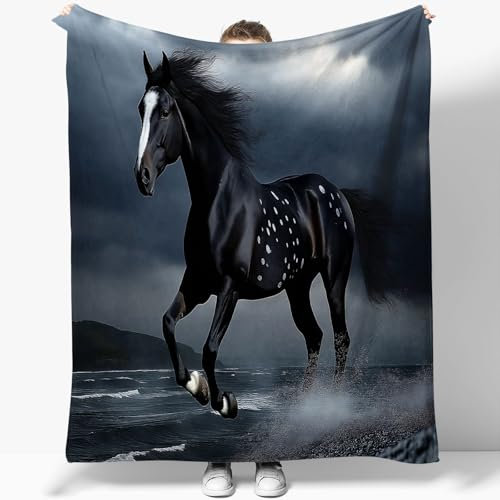 Decke gedruckt Wohndecke Frauen Tier Pferd Muster, Flanell Fleecedecke Bequeme Und Weiche Klimatisierte Decken 150 x 200 cm Schwarz Design Für Campingreisen Leicht