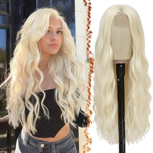 BARSDAR Lange Wellig Platin Blond Perücke - 66cm Mittelscheitel Natürliche Synthetische Hitzebeständige Haar Replacement für Frauen