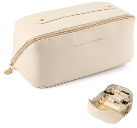 AYNKH Large Capacity Cosmetic Bag,Waterproof PU Leather Cosmetic Bag,Flat Cosmetics Case,Multi-Layer,Thickened Storage Wash Bags,Travel Lightweight Pillow Bags (Beige)