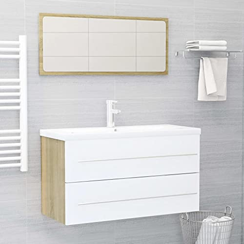 Lauuoeriau Furniture Item home 2-teiliges Badmöbel-Set, Weiß und Sonoma-Eiche, Holz-Möbel