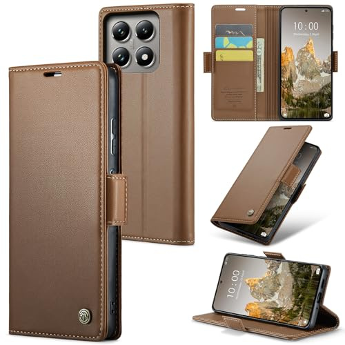 Rerzoiro Funda para Xiaomi 14T, Funda de Cierre Magnético, Cartera de Cuero PU con [Bloqueo RFID], Soporte, Ranura para Tarjetas, Carcasa de Libro, Case para Xiaomi 14T, Marrón