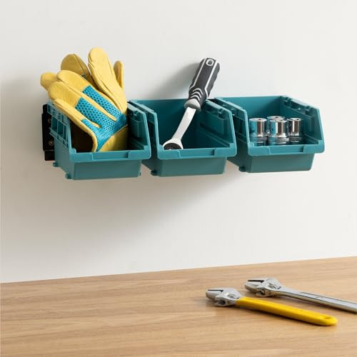 Navaris Storage Bins - Interlocking Plastic Van Boxes - Wall Mounted Compartments for Screws Nails Small Tool Parts - Workshop, Garage, Drawer Shed Bolt Organiser - 3 Bins & 1 Rail