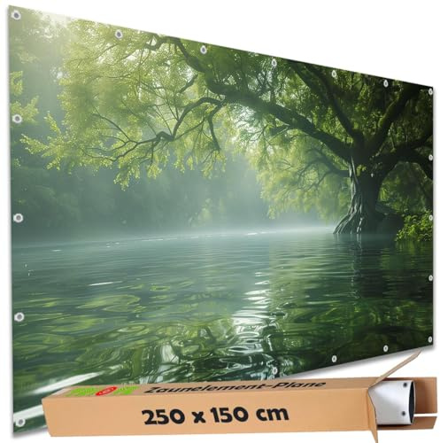 TRIOSK Sichtschutz Garten Deko Zaun Plane Blickdicht groß mit Zaunblende Motiv Flussbaum Nebel Fluss Wasser Baum für Balkon Terrasse Zaunelement Doppelstabmatten Gartenzaun PVC 250x150 cm