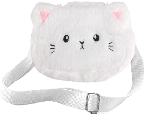 Kasoud Cute Cartoon Cat Shoulder Bag, Children Toddler Handbag, Cross Body Bag Girls' Plush Kids Bag, Plush Cross Body Bag, Fluffy Cross Handbag for Girls Shopping or Travel (White)