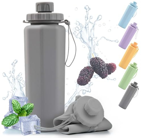Botella de agua plegable, 600 ml, de silicona, a prueba de fugas y portátil, sin BPA, para correr, camping, deportes al aire libre, viajes, desplazamientos
