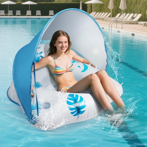 YOOHBERRYS Flotadores Piscina Adultos con Parasol, Solar Colchoneta Piscina Adultos con Luces de Color, Flotador Silla Hinchable Gigante con Portavasos y Asas para Piscina