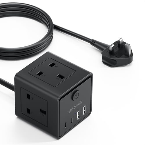 3M Extension Lead with 4 USB, 3 Way Multi Plug Extension Socket with 2 USB A 2 USB C, Desktop Power Extension Cable for Home Office Travel