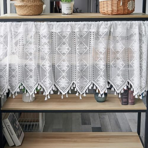 Ueiwffzo Boho Scheibengardine, Weiße Gehäkelte Spitze Kurzer Makramee Vorhang Landhausstil Kurzstore Gardinen, Bistrogardine Küchengardinen Für Schlafzimmer Fensterdeko (220x60cm,Weiß)
