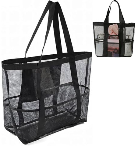 YCHYAN Bolsa de Playa de Malla de Nailon, Bolsa de Playa de Gran Capacidad, con 8 Bolsillos de Malla, Ideal para Juguetes de Playa y Artículos Esenciales de Vacaciones en la Playa