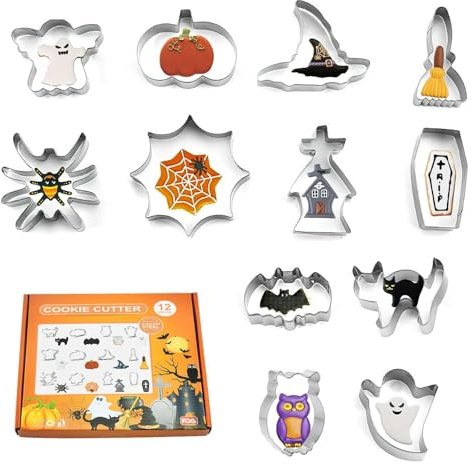Xanthelle Halloween Formine Tagliabiscotti, Set da 12 Pezzi in Acciaio Inossidabile con Zucca, Fantasma e Pipistrello, Tagliabiscotti e Formine per Dolci di Halloween
