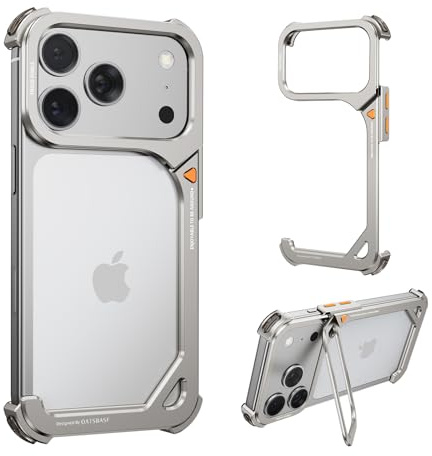 NIFBANG 9 Shape for iPhone 17 Pro Bumper Case with Stand,Compatible with MagSafe,Aluminum Thin Slim Phone Cases,Metal Frameless 4 Corner Airbags Shockproof Protective for iPhone 17 Pro Cover(Silver)