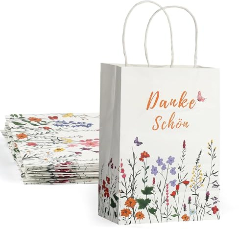 10 Stück Klein Dankeschön Papiertüten mit Henkel, 21x15x8cm Mitgebsel Tüten | Kraftpapier Geschenktüten mit Henkel, für Dankeschön Geschenke Party Hochzeit Geburtstag Taufe Konfirmation, Blumenmotiv