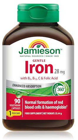 Jamieson Gentle Iron 28 mg with Vitamin C, B12 & Folate, 90 Capsules | Enhanced-absorption iron bisglycinate with vitamin C, B2, B12 & folate. Helps reduce tiredness and fatigue.