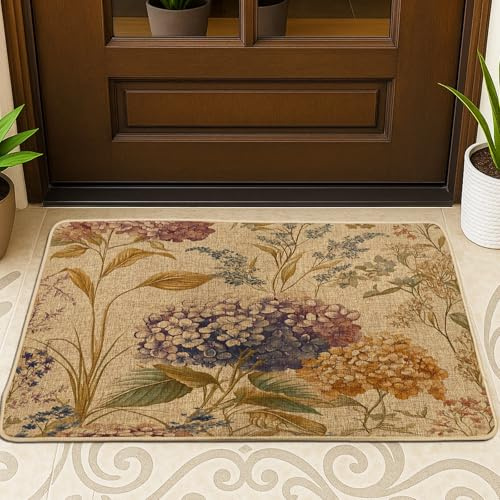 Zerbino nero con ortensia primaverile e floreale, per esterni e interni, 63 x 43 cm, vintage con fiori di campo e fiori di campo antiscivolo, piccola stampa estetica per patio, garage, scarpe fuori