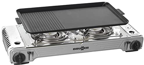 BRUNNER Camping-Kocher Zweiflammig DEVIL DOUBLE GRILL für Gas-Kartuschen | 2-in-1 Tisch Camping-Kocher Edelstahl Gasgrill & Gaskocher für Ventil-Kartuschen für Camper-Van, Wohnwagen, Wohnmobil, Boot