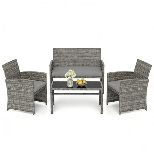 GIANTEX Set di mobili da giardino in rattan, 4 pezzi, divano a 2 posti, 2 poltrone, tavolino con ripiano in vetro, per 4 persone, tavolo e sedie per terrazza, patio (grigio)