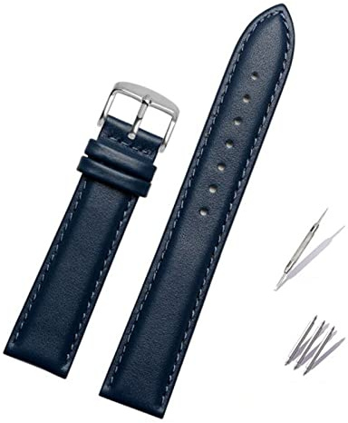 HMFANG Äkta läderarmband i blått, kompatibelt med Rossini klockarmband, 14 mm, 16 mm, 18 mm, 19 mm, 20 mm, 21 mm, 22 mm, 23 mm, klockarmband i ko-läder(Flat blue silver,19mm)