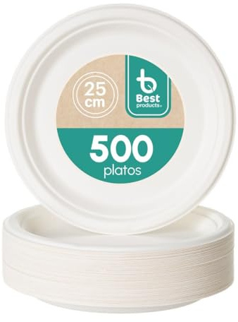 BEST PRODUCTS - 500 Platos Llanos de 25 cm Redondos de Caña de Azúcar Desechables Ecológicos Biodegradables Compostables y Reciclables Para Fiestas Cumpleaños Comuniones