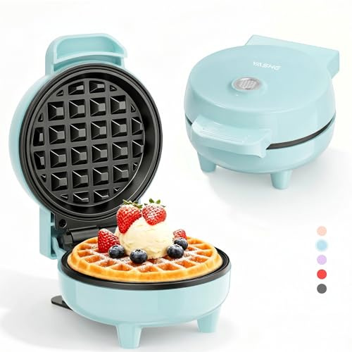 YASHE Mini Waffeleisen 550W, Antihaft-Waffelmaschine, Blau | Kompakt für Frühstück, Desserts und Snacks; Kontrollleuchte, Cool-Touch-Griff und antihaftbeschichtete Platten