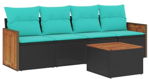 XHNIFBN 5-teiliges Gartensofa-Set, Lounge-Set aus Polyrattan, modulares Sitzgruppen-Set mit blauem Kissen und Gartentisch aus Akazienholz, für Terrasse und Garten, Schwarz