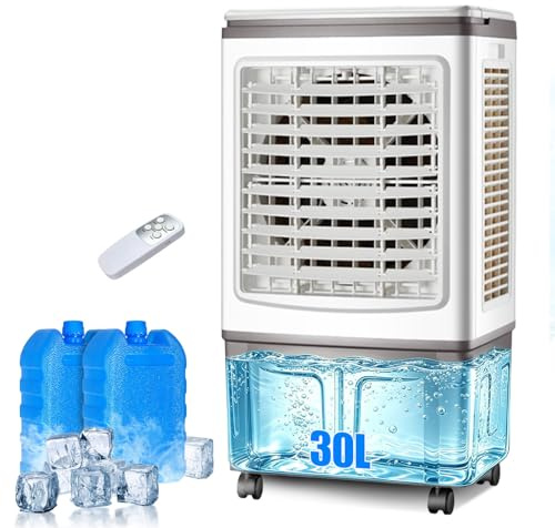 Climatizador Evaporativo 30L, Ventilador de Agua con Mando a Distancia y Acumuladores de Hielo, Potente Flujo de Aire, Enfriador Evaporativo Portátil para Grandes Espacios, Salón y Garaje