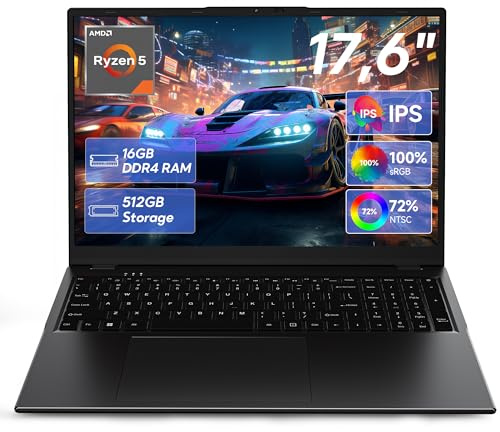 jumper 2026 Gaming Laptop 17,6 Zoll IPS 1920X1200, 16GB DDR4 RAM 512GB SSD, AMD R5 3500U(bis zu 3,7GHz), Leuchtende Tastatur, Leichte Business und Studenten Notebook, Vollfunktionale Typ-C/HDMI/WiFi6