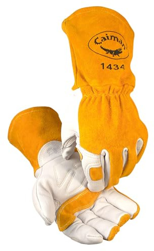 Caiman Premium Cow Grain MIG/Stick Welding Gloves, Cotton/Fleece Insulation, Kontour Design, White/Gold, Large (1434-5)
