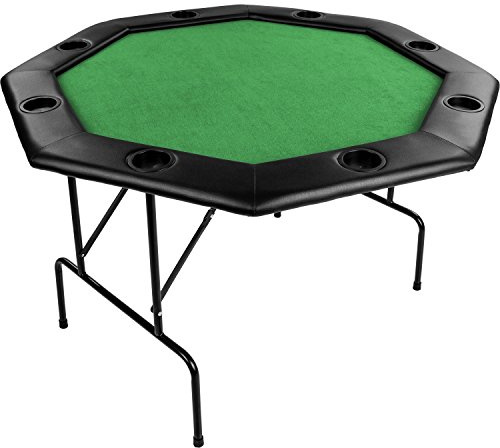 GAMES PLANET Faltbarer Pokertisch „Flush“ für bis zu 8 Spieler, achteckig, Maße 120x120 cm, MDF Platte, gepolsterte Armauflage, 8 Getränkehalter, Tuchfarbe grün