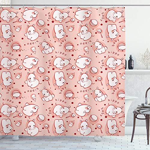 ABAKUHAUS Nilpferd Duschvorhang, Hippo Pattern, Stoffliches Gewebe Badezimmerdekorationsset mit Haken, 175 x 180 cm, Weiße Koralle und Rot
