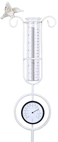 MUMTOP Pluviometro da esterno, 91,4 cm, in metallo, con termometro, per prato, cortile e giardino (bianco)