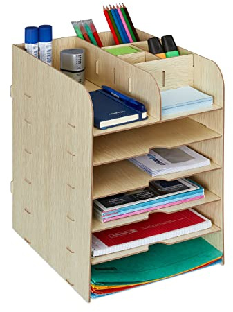 Relaxdays Skrivbordsorganisatör med dokumentfack, 12 fack, HBT: 34,5 x 25 x 32 cm, kontorsorganisering MDF, ljusbrun
