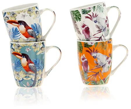 Flanacom Juego de 4 tazas de café, diseño floral, gran taza de café de cerámica de 300 ml, tazas de té coloridas