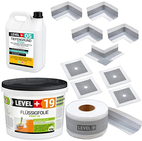 Juego de juntas, lámina líquida de 12 kg, 4 esquinas interiores, 4 manguitos de pared, 1 esquina exterior, cinta de sellado de 15 m, base profunda, 5 L, juego de sellado para ducha y baño cocina