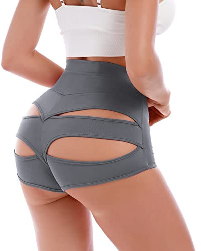 Damen Shorts Pole Dance Outfit Sexy Rüschen Hot Pants High Waist Figurformend Shaping Mini Tight Bikini Shorts Sommer Kurze Hose Sweatpants Laufshorts Yoga Gym Festival Rave Techno Hotpants Grau L