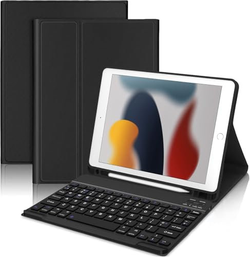 IVEOPPE Keyboard Case for iPad 9/8/7th Generation 10.2 inch - UK Layout Detachable Bluetooth Folio Keyboard Cover with Pencil Holder for iPad Air 3 2019/ Pro 10.5'' 2017, Black