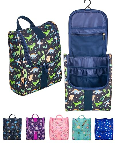 Remobia Hicol Cute Cartoon Hanging Kids Toiletry Bag Children Travel Cosmetic Makeup Organizer Wash Bag Shower bag Over Night Bag Camping Shaving Kit Bag for Boys & Girls (Dinosaurs)