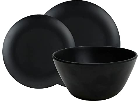 Leisurewize - 12 Piece Matt Black Melamine Dinner Set, 4 Plates 4 Side Plates 4 Bowls | Lightweight, Heat Resistant, Dishwasher Freindly | Camping Motorhome Travel Cookery