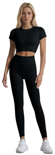 dohomiryo Donna Set di Abbigliamento Yoga Top Corto+Ghette 2 Pezzi Tuta Sportiva Palestra Fitness Activewear Nero M